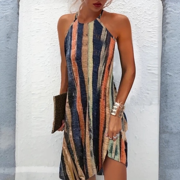 Striped Print Dress Halter Sleeveless - Picture 1 of 5